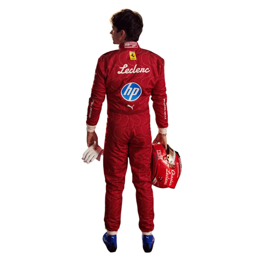 Person wearing a red racing suit with Leclerc and HP logos on a white background