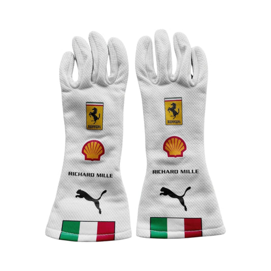 Pair of white racing gloves with logos on a white background