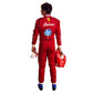 Person wearing a red racing suit with visible branding on a white background