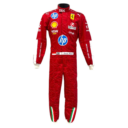 Red racing suit with various sponsor logos on a white background