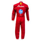 Red racing suit with branding on a white background