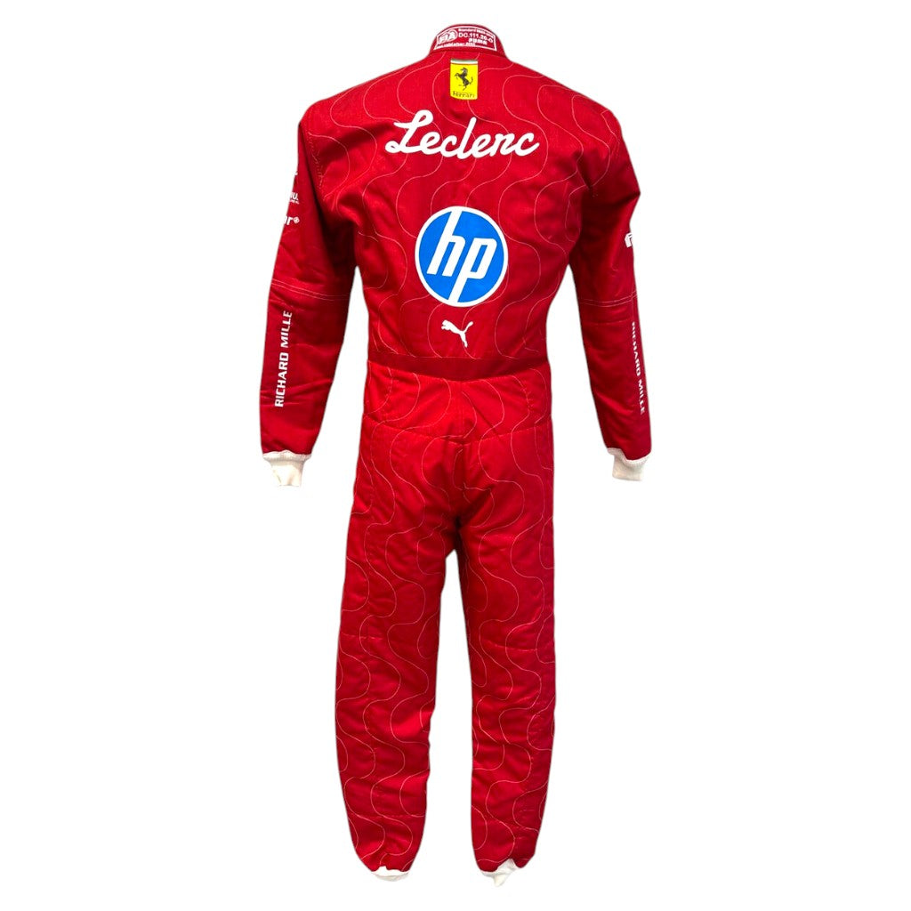 Red racing suit with branding on a white background
