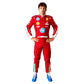 Person wearing a red racing suit with various sponsor logos on a white background