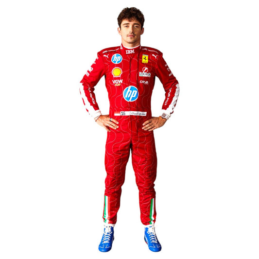 Person wearing a red racing suit with various sponsor logos on a white background