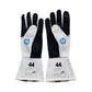 Pair of white and black gloves with HP logo on a white background