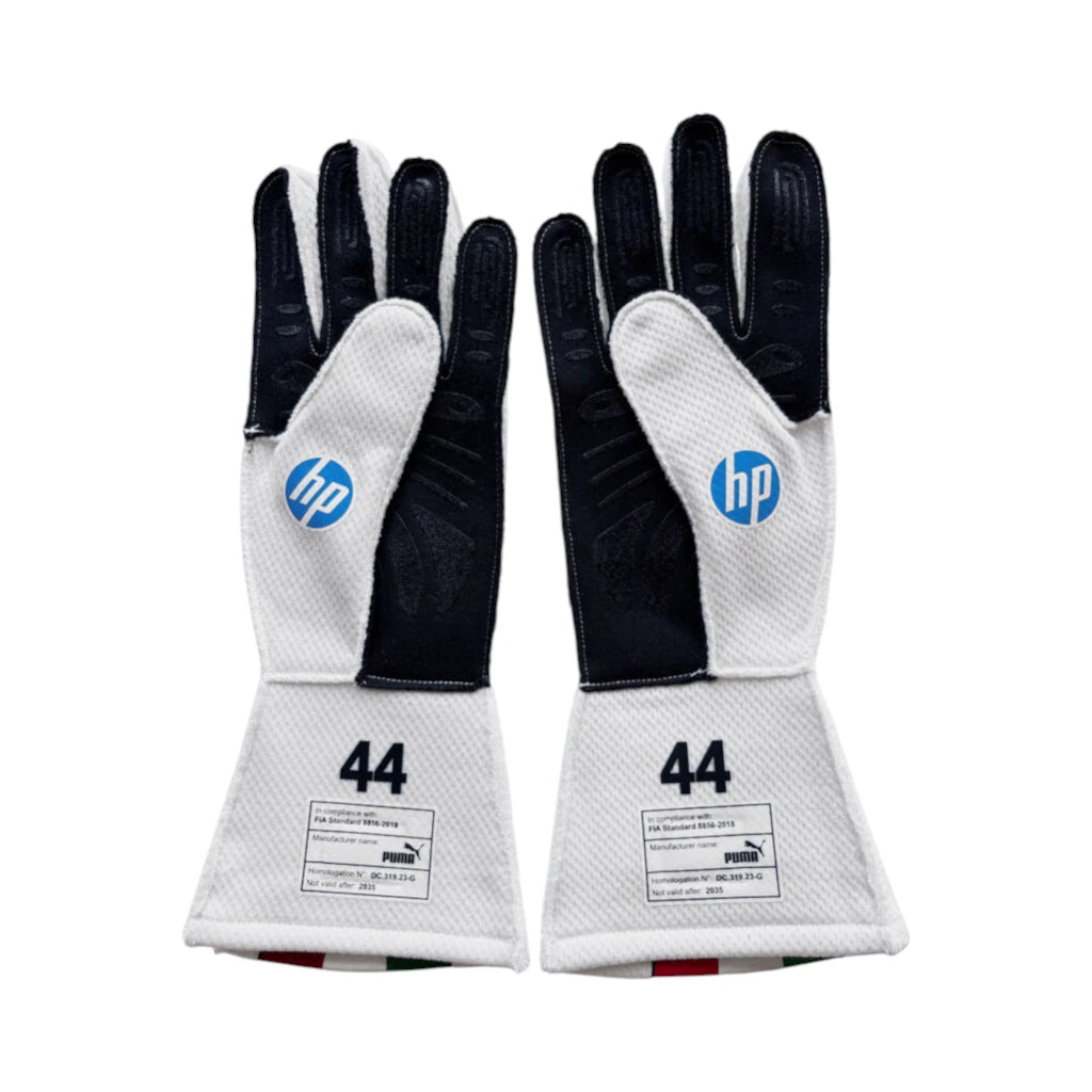 Pair of white and black gloves with HP logo on a white background