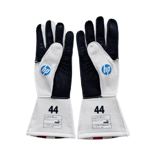 Pair of white and black gloves with HP logo on a white background