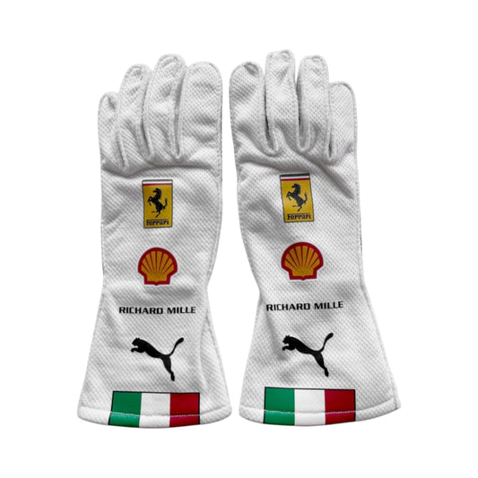 Pair of white racing gloves with various logos on a white background