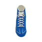 Blue sneaker with white laces on a white background