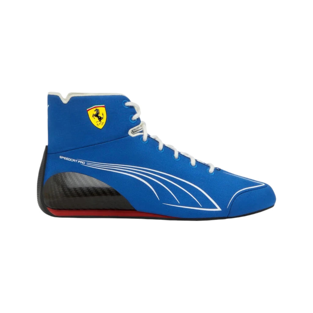 Blue high-top sneaker with Ferrari logo on a white background