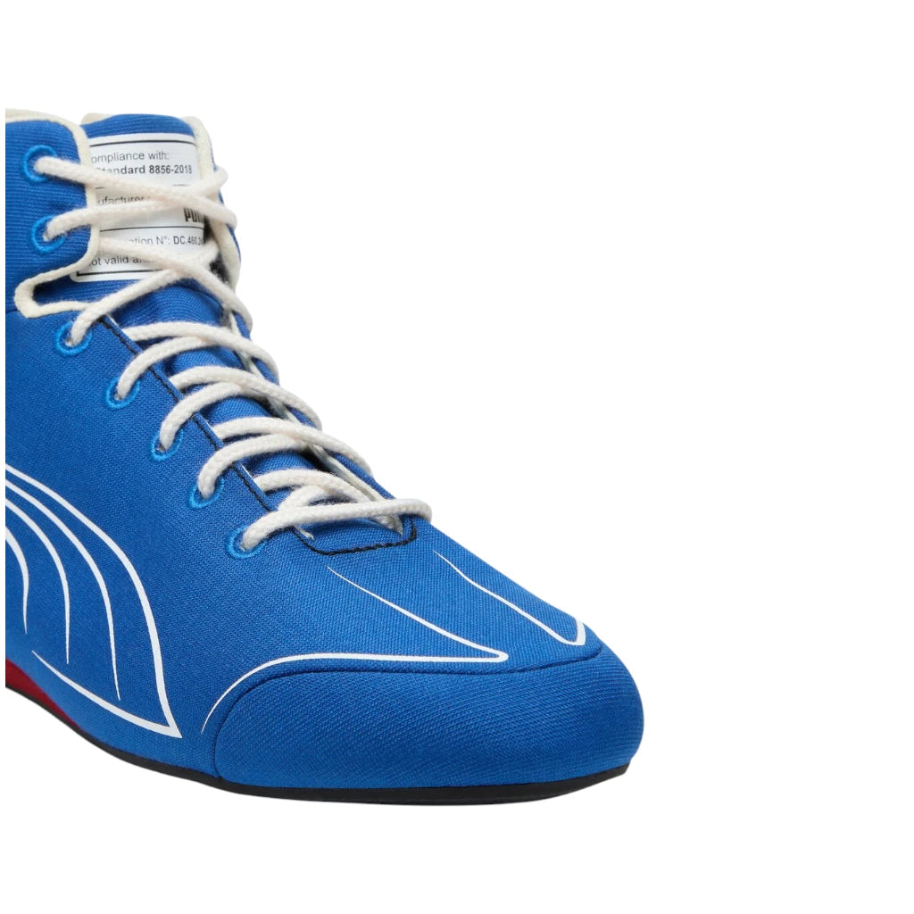 Blue high-top sneaker with white laces on a white background