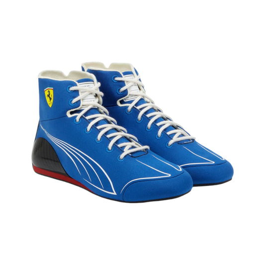 Blue high-top sneakers with white laces and a red sole on a white background