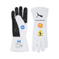 Pair of white racing gloves with sponsor logos on a white background