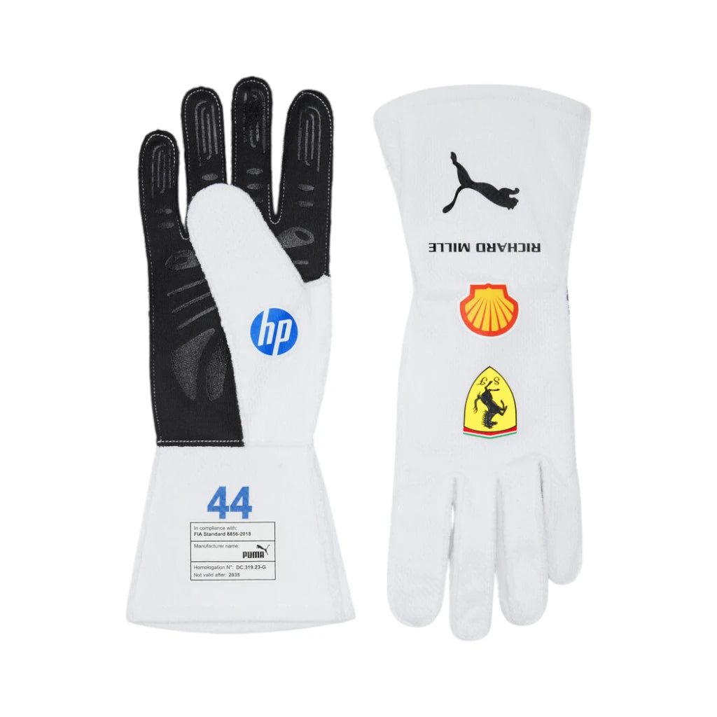 Pair of white racing gloves with sponsor logos on a white background
