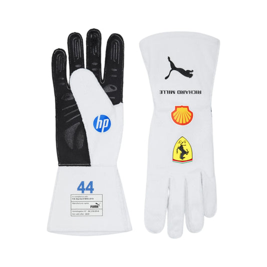 Pair of white racing gloves with sponsor logos on a white background