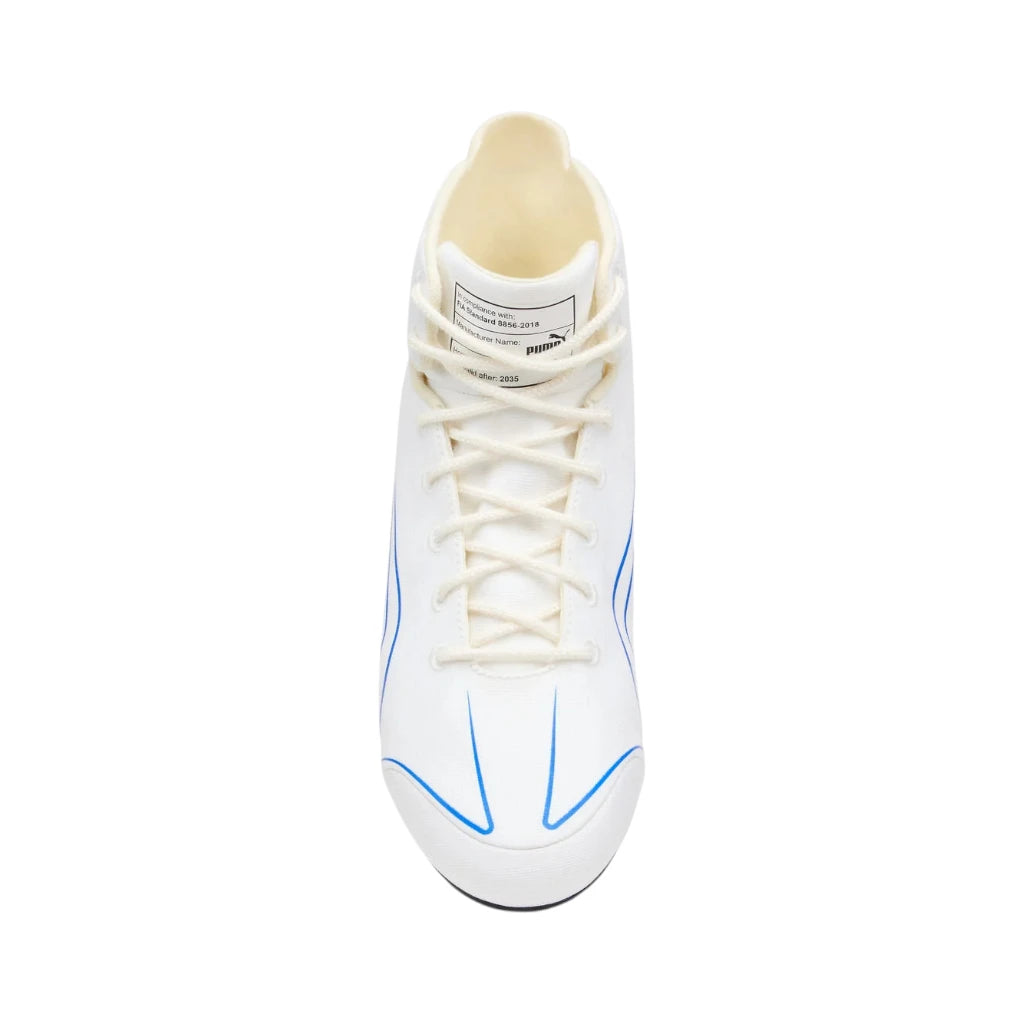 White sneaker with blue accents on a white background