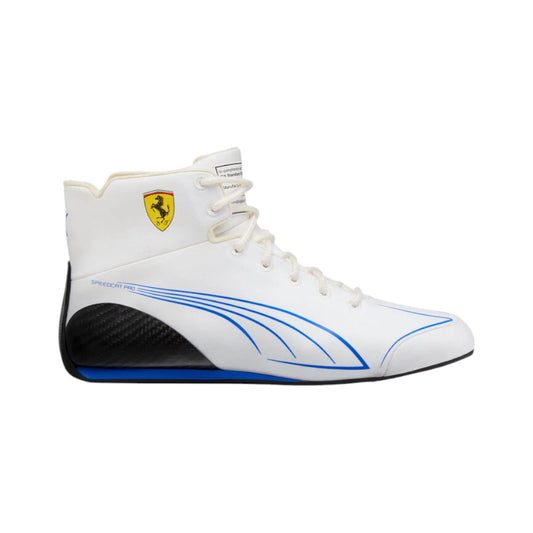 White high-top sneaker with blue accents and a yellow logo on a white background