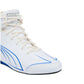White high-top sneaker with blue accents on a white background