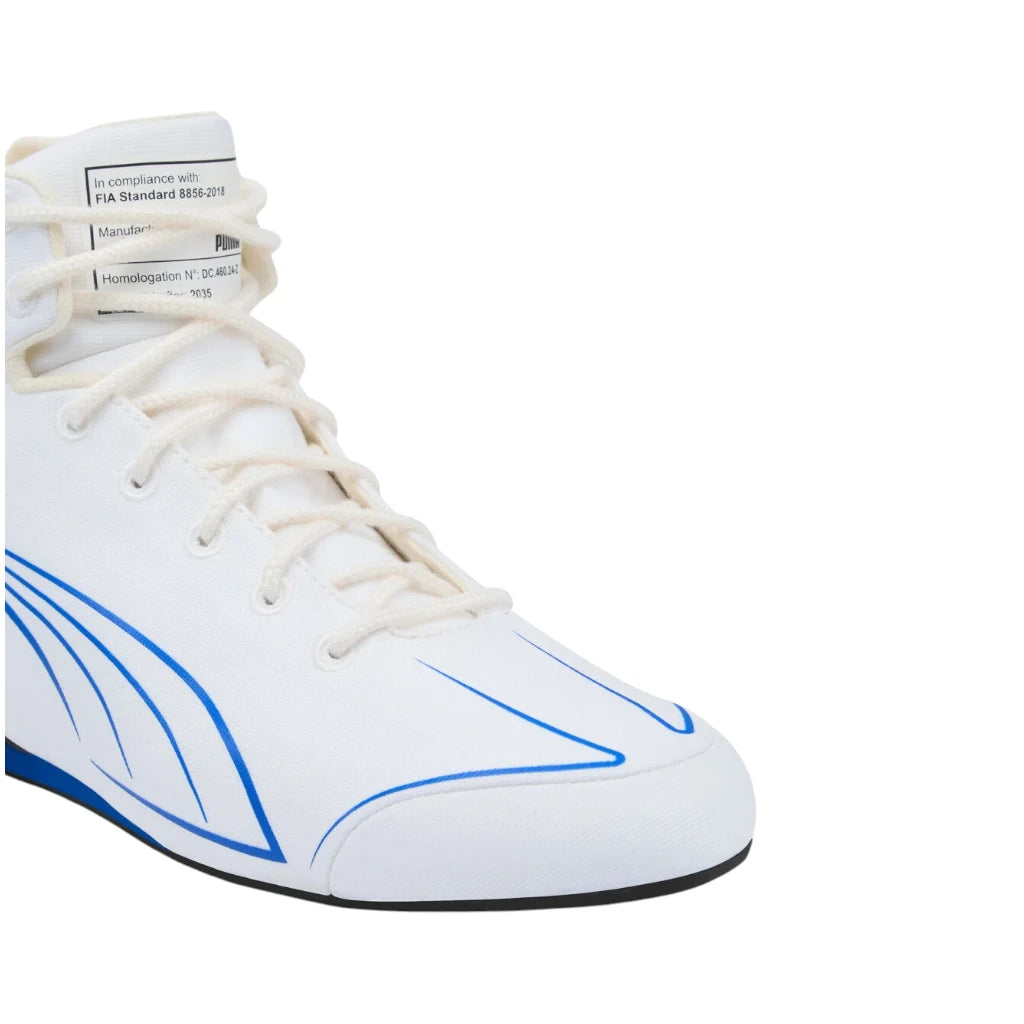 White high-top sneaker with blue accents on a white background
