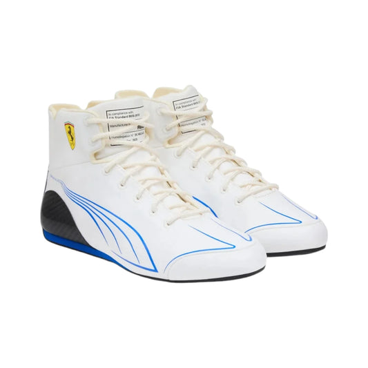White high-top sneakers with blue accents on a white background