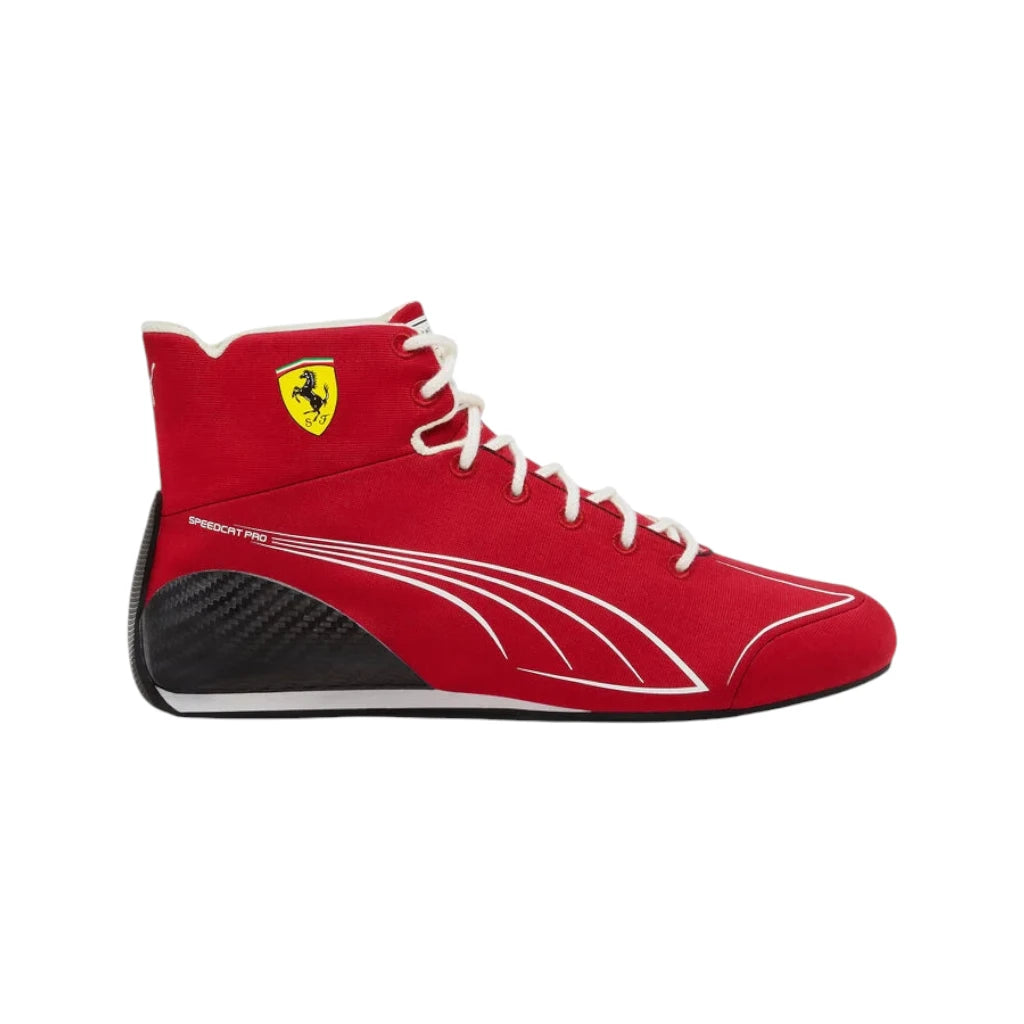 Red high-top sneaker with white laces and black carbon fiber accents on a white background