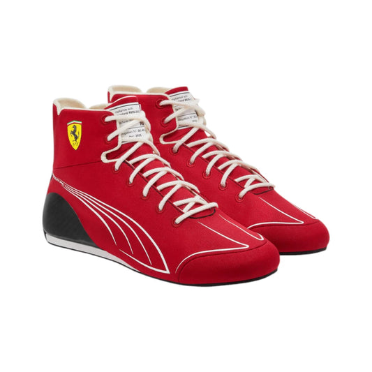 Red high-top sneakers with white laces and a visible brand logo on a white background
