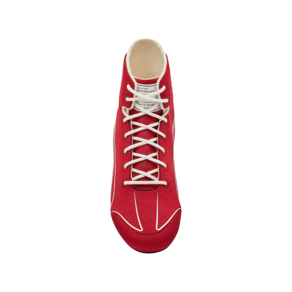 Red sneaker with white laces on a white background