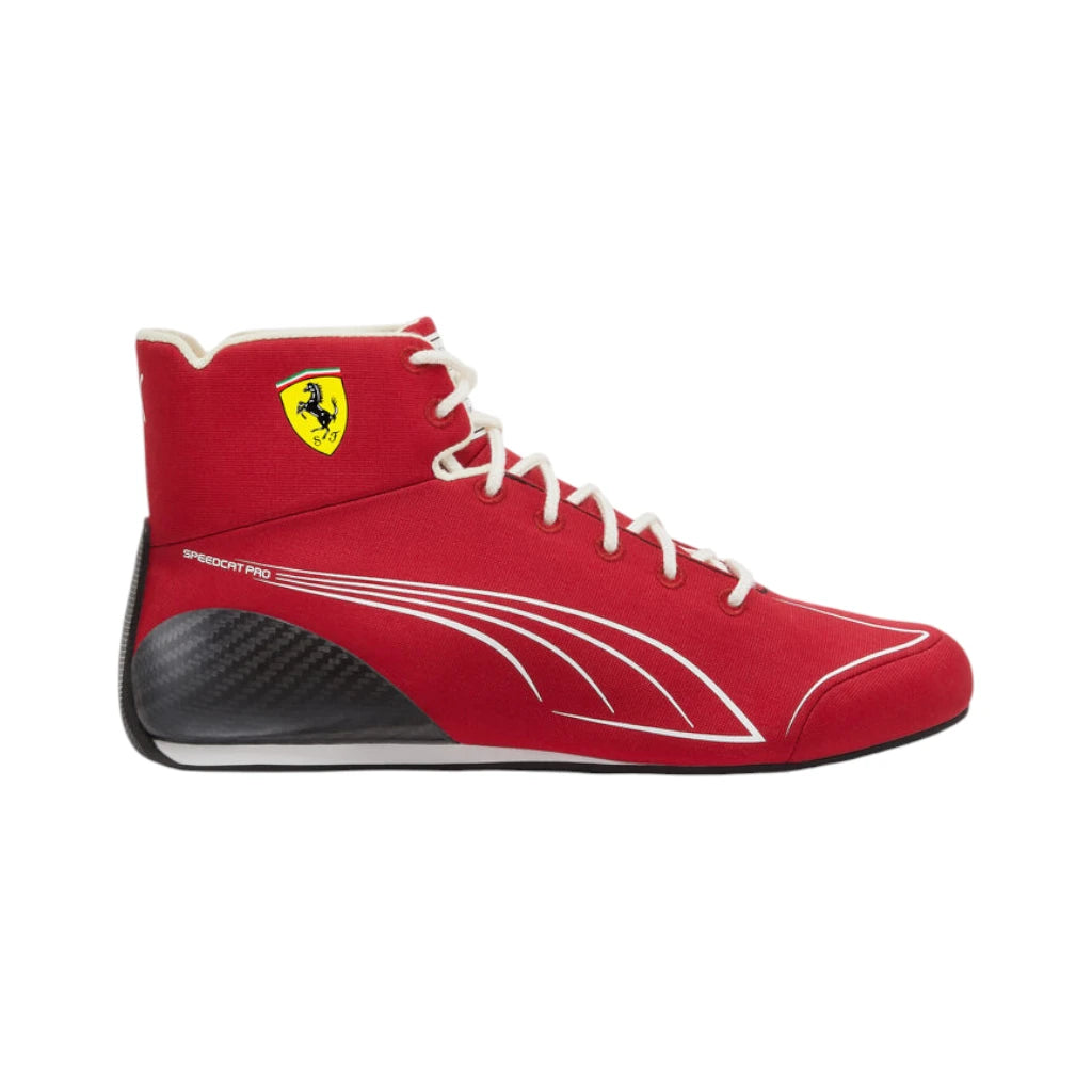Red high-top sneaker with white laces and black sole on a white background