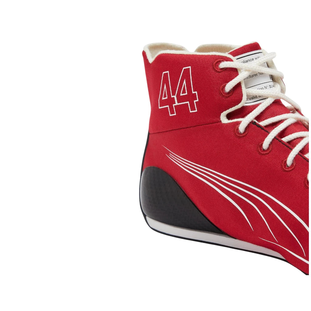Red high-top sneaker with number 44 on a white background
