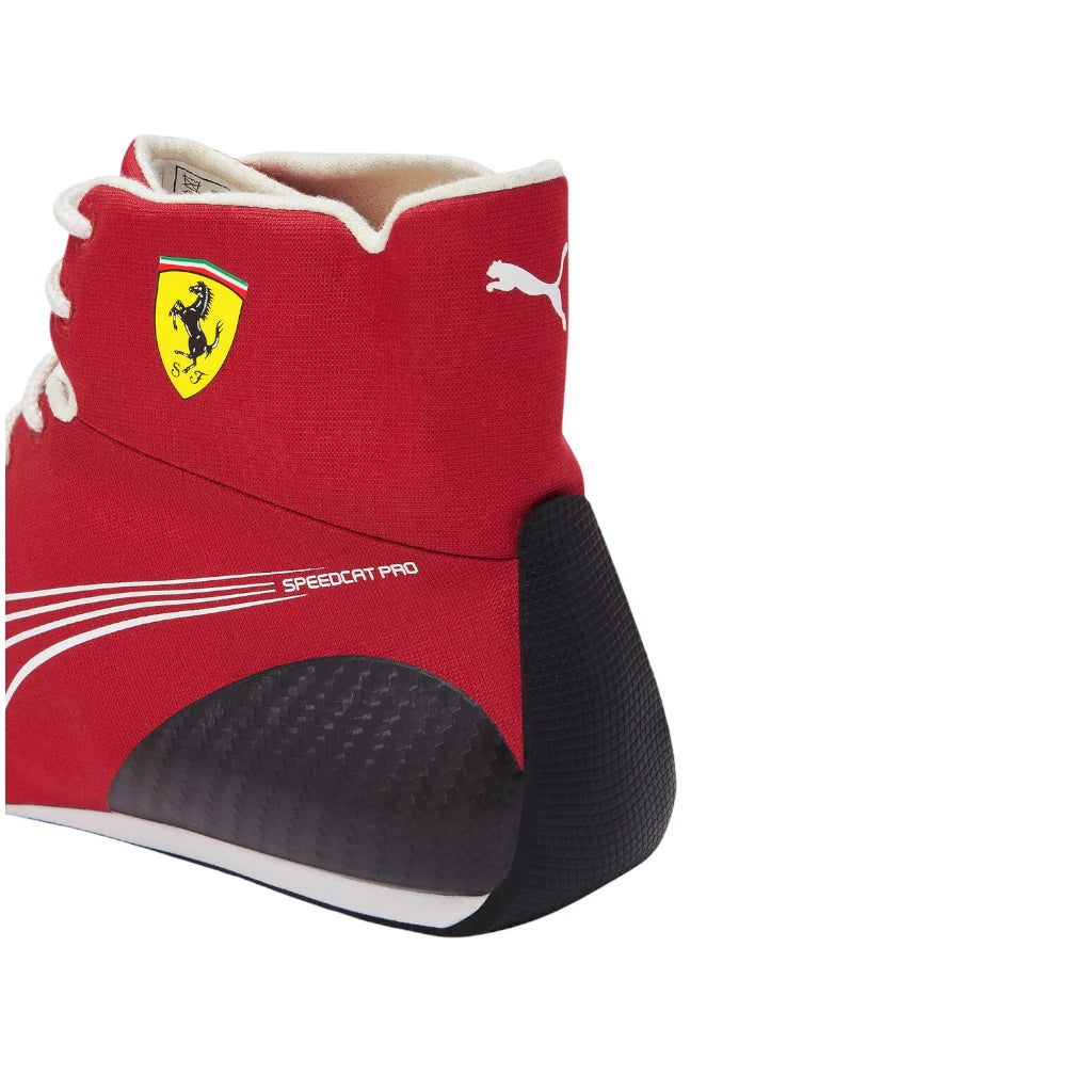 Red and black shoe with Ferrari logo on a white background