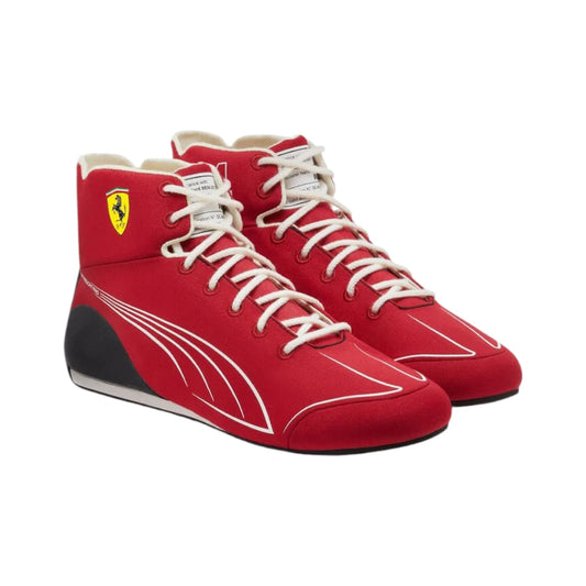 Red high-top sneakers with white laces and a visible logo on a white background