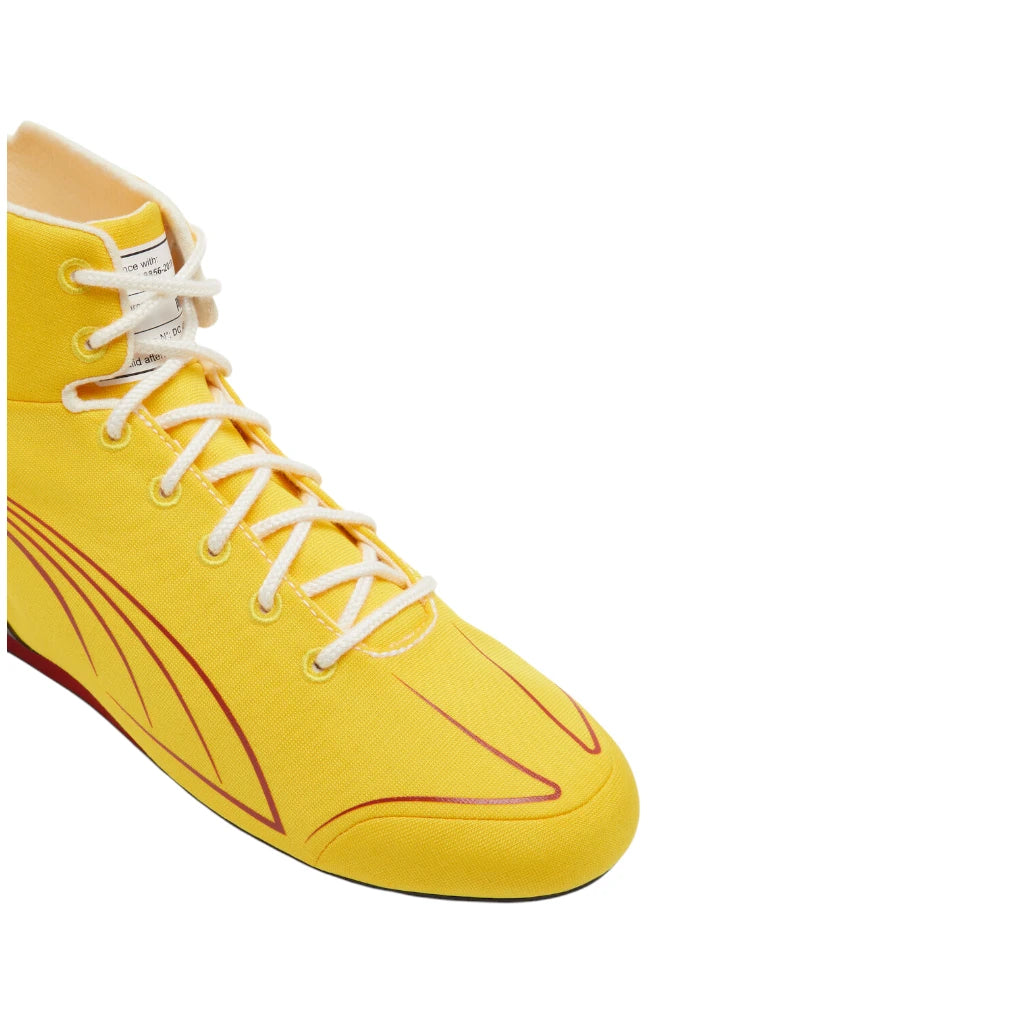 Yellow high-top sneaker with white laces on a white background