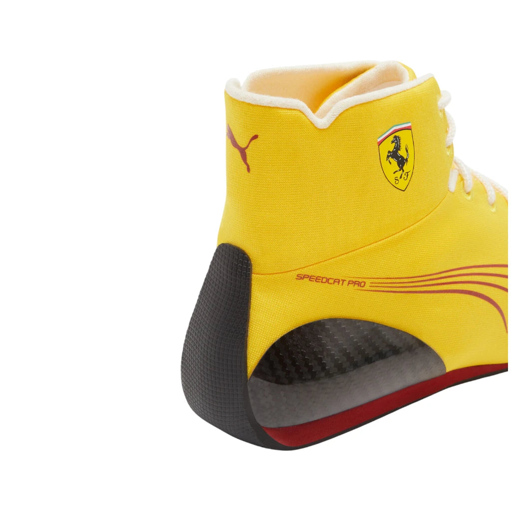 Yellow high-top sneaker with a brand logo on a white background