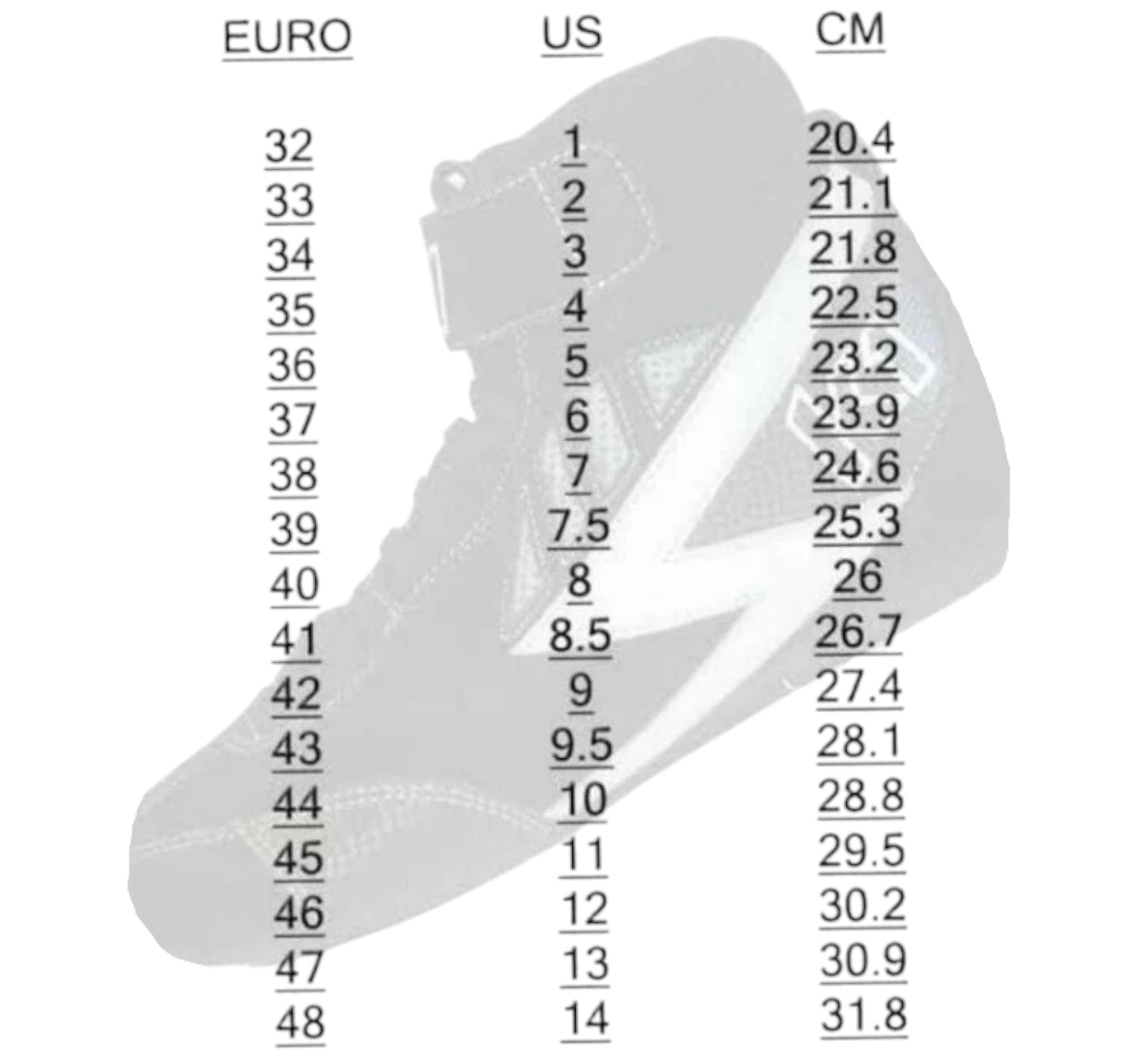 Shoe size chart showing conversions from US to CM with a shoe silhouette.