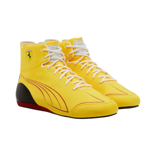 Yellow high-top sneakers with a brand logo on a white background