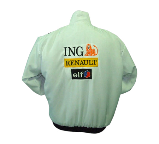 Blue jacket with Renault Gordini logo and car illustration on a white background