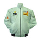 Light blue racing jacket with various logos on a white background