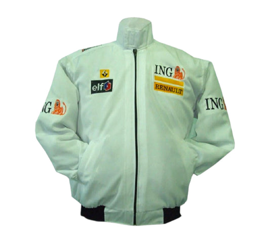 Light blue racing jacket with various logos on a white background