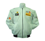 Light blue racing jacket with various logos on a white background
