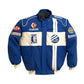 Blue and beige racing jacket with various sponsor logos on a white background