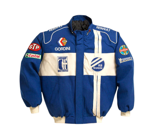 Blue and beige racing jacket with various sponsor logos on a white background