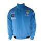 Blue racing jacket with various logos on a white background