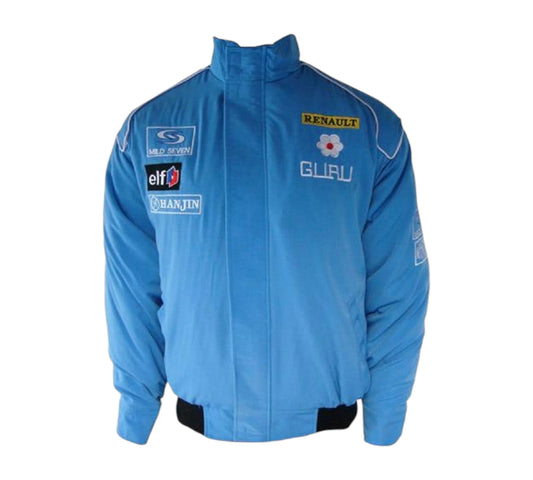 Blue racing jacket with various logos on a white background