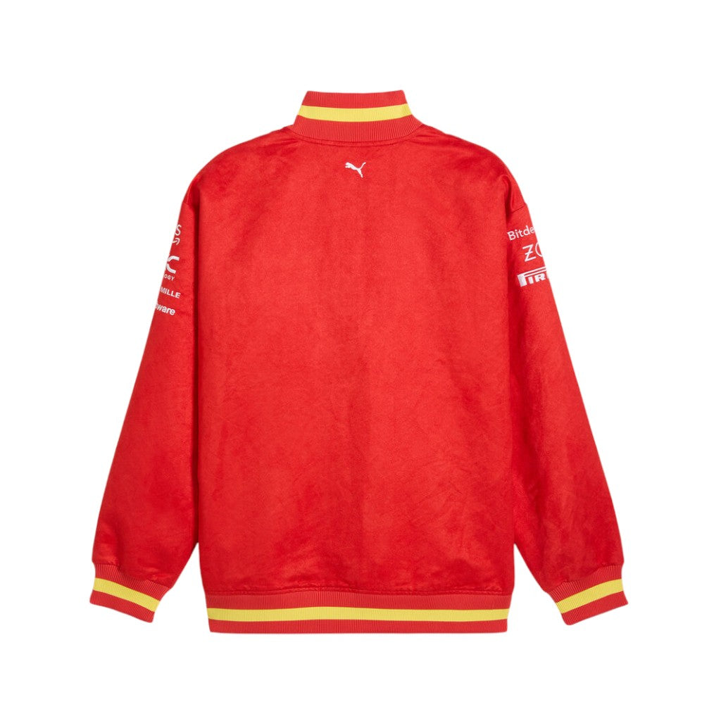 Red jacket with yellow accents and branding on a white background