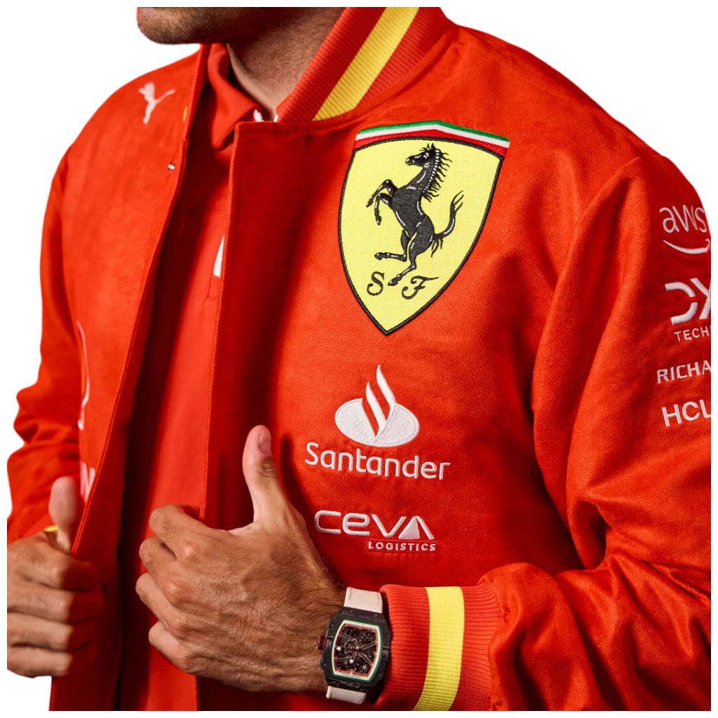 Red jacket with Ferrari logo and various brand logos on a white background