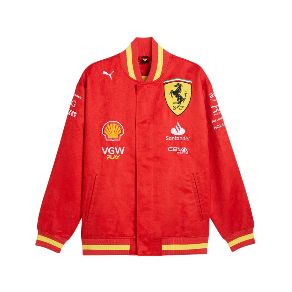 Red jacket with Ferrari logo and various brand logos on a white background