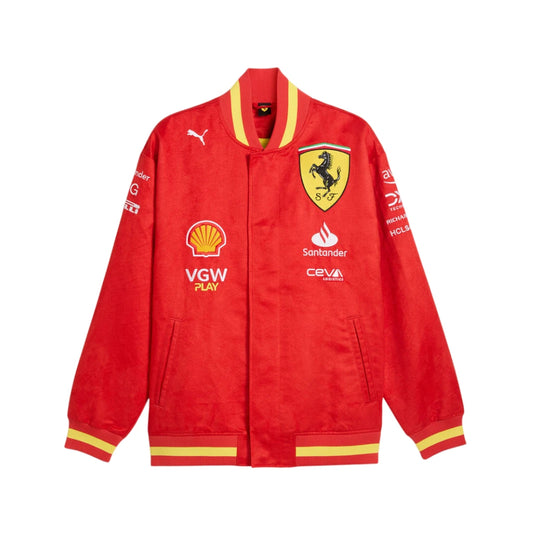 Red jacket with Ferrari logo and various brand logos on a white background