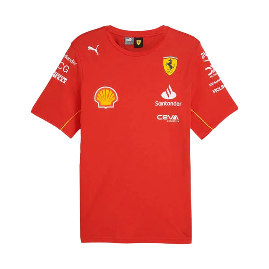 Red sports jersey with various brand logos on a white background