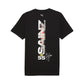 Black t-shirt with graphic design and Puma logo on a white background