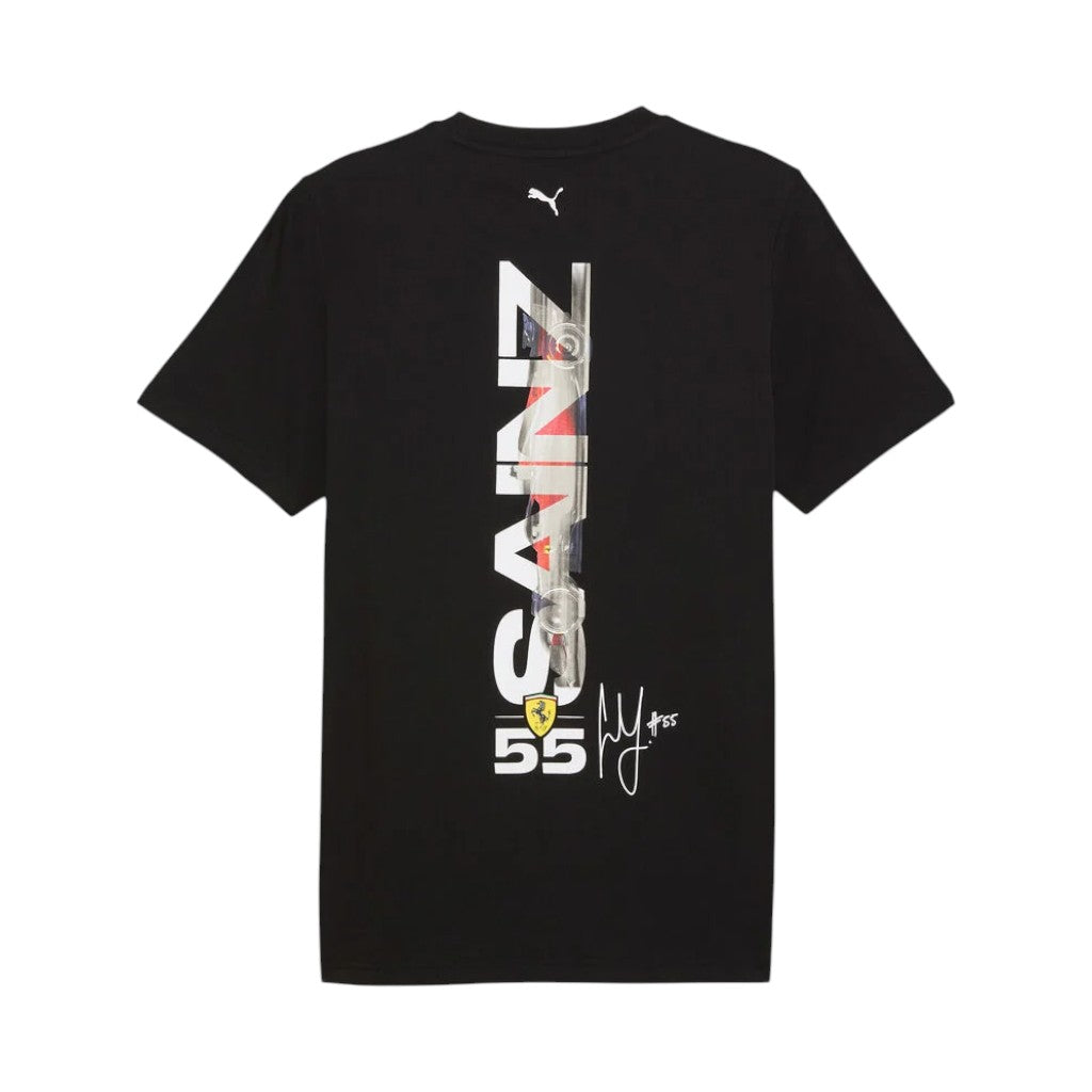 Black t-shirt with graphic design and Puma logo on a white background